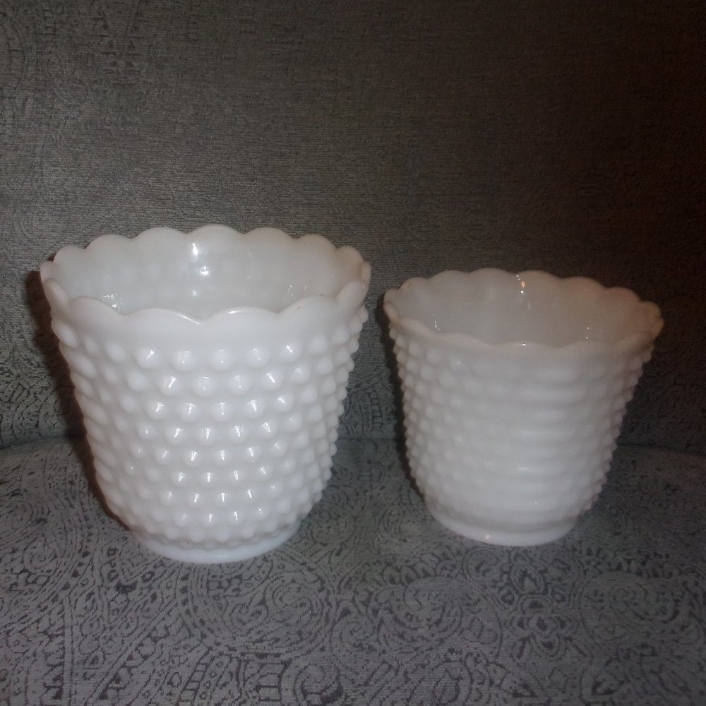 2 Hobnail Milk Glass Trinket Holders